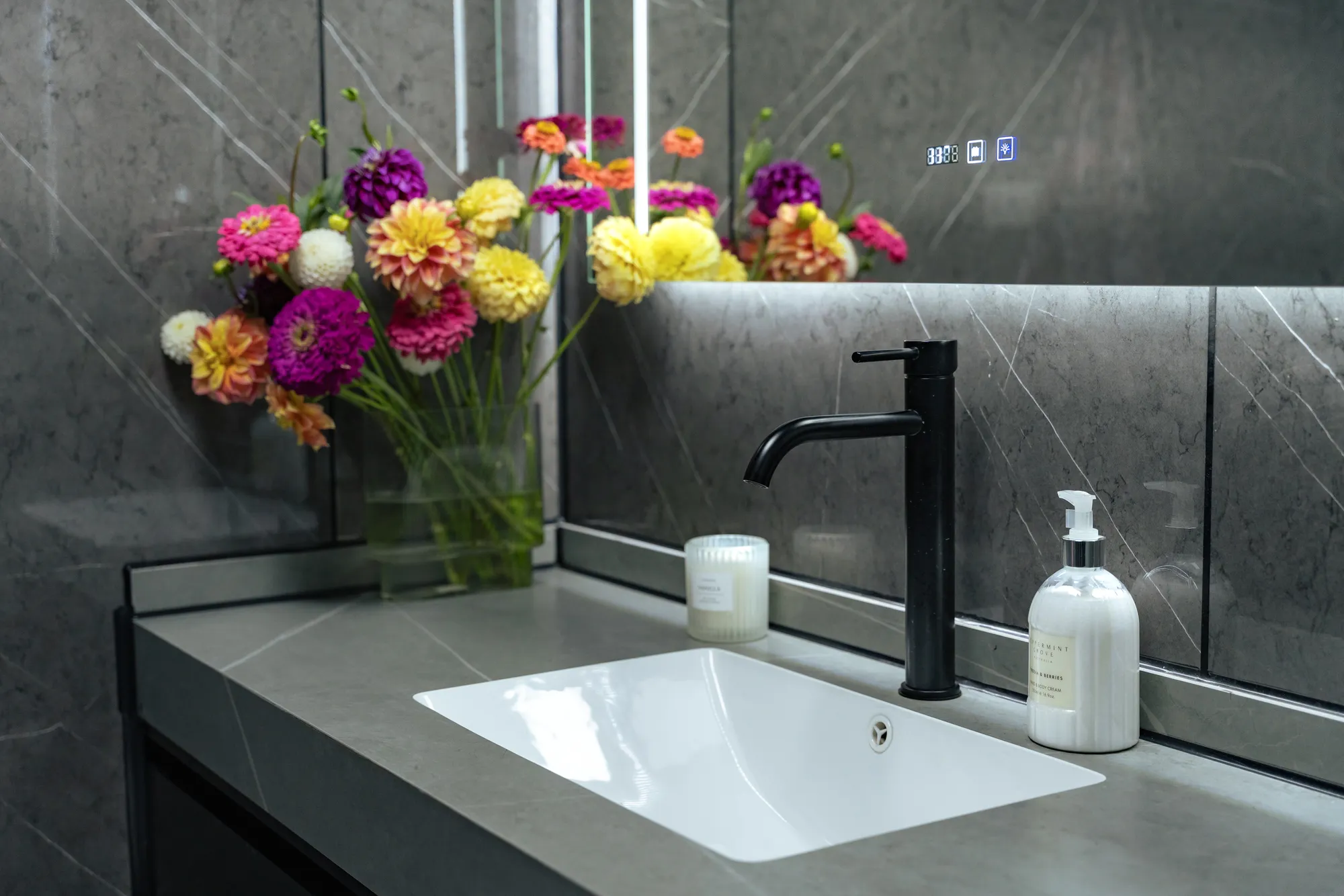 Luxury marble bathroom with smart mirror